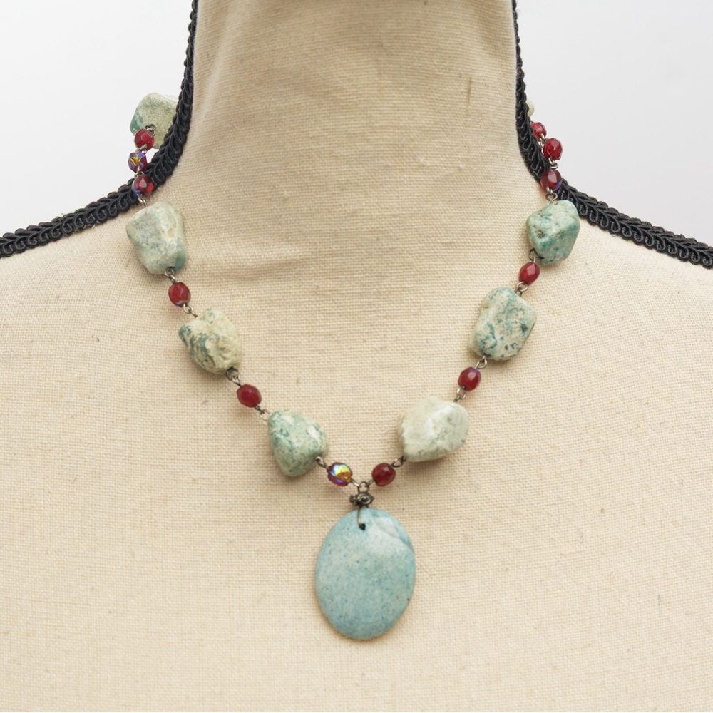 Beaded pendant choker with beads & stones in sage green & maroon burgundy boho